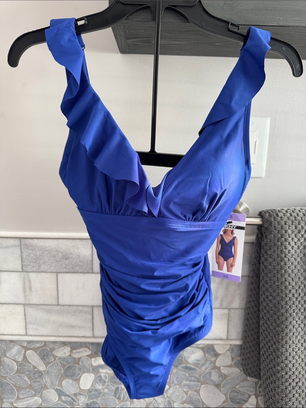 DKNY Royal Blue Ruffle V-Neck One-Piece Swimsuit